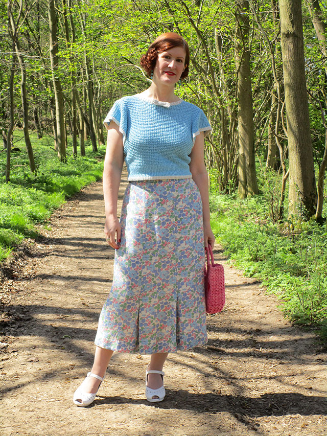 1930s hand knitted jumper and feedsack skirt