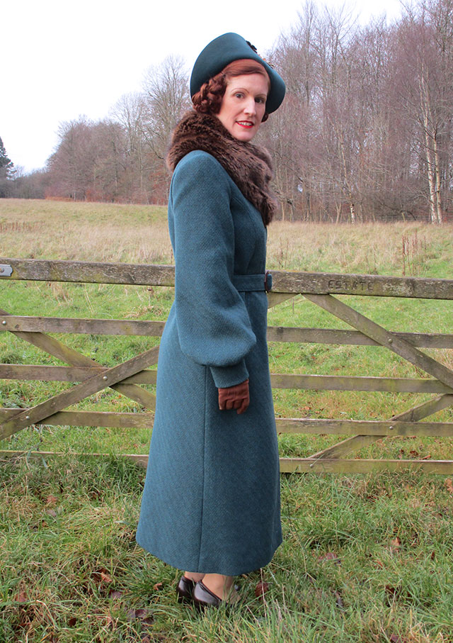 1930s winter coat in teal wool and brown