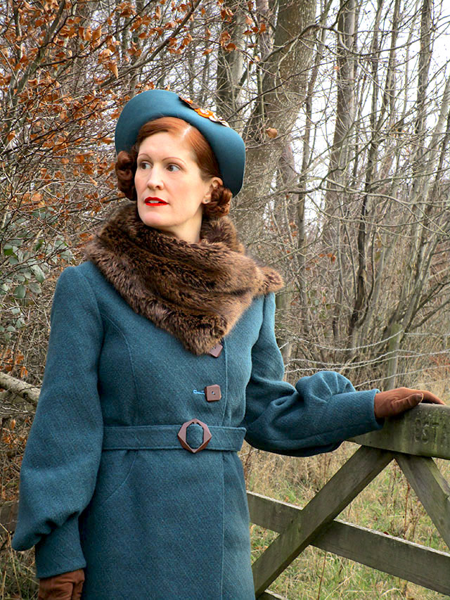1930s winter coat in teal wool and brown