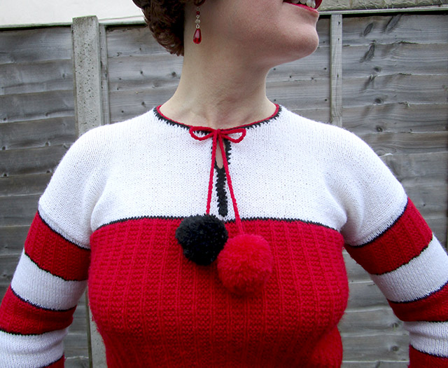 1930s red & white jumper with pom poms